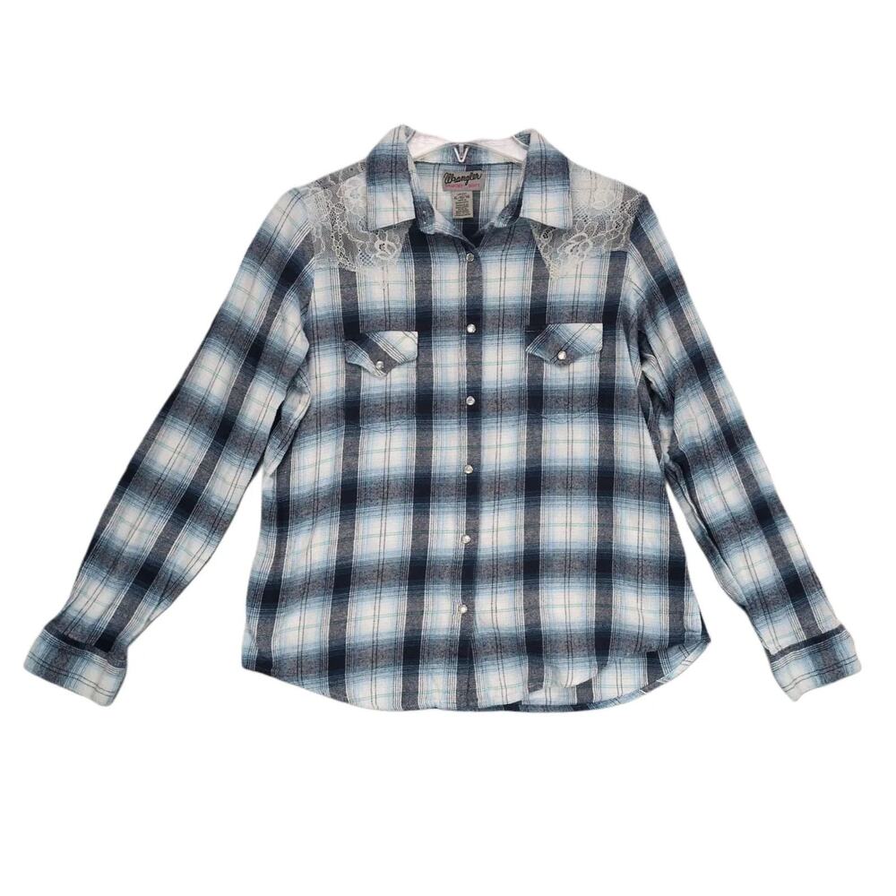Wrangler Wrancher Women's XL Blue Plaid Flannel Pearl Snap Lace Western Shirt